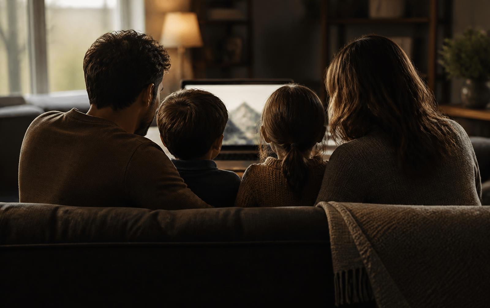 Família reunida diante de um computador organizando a vida digital