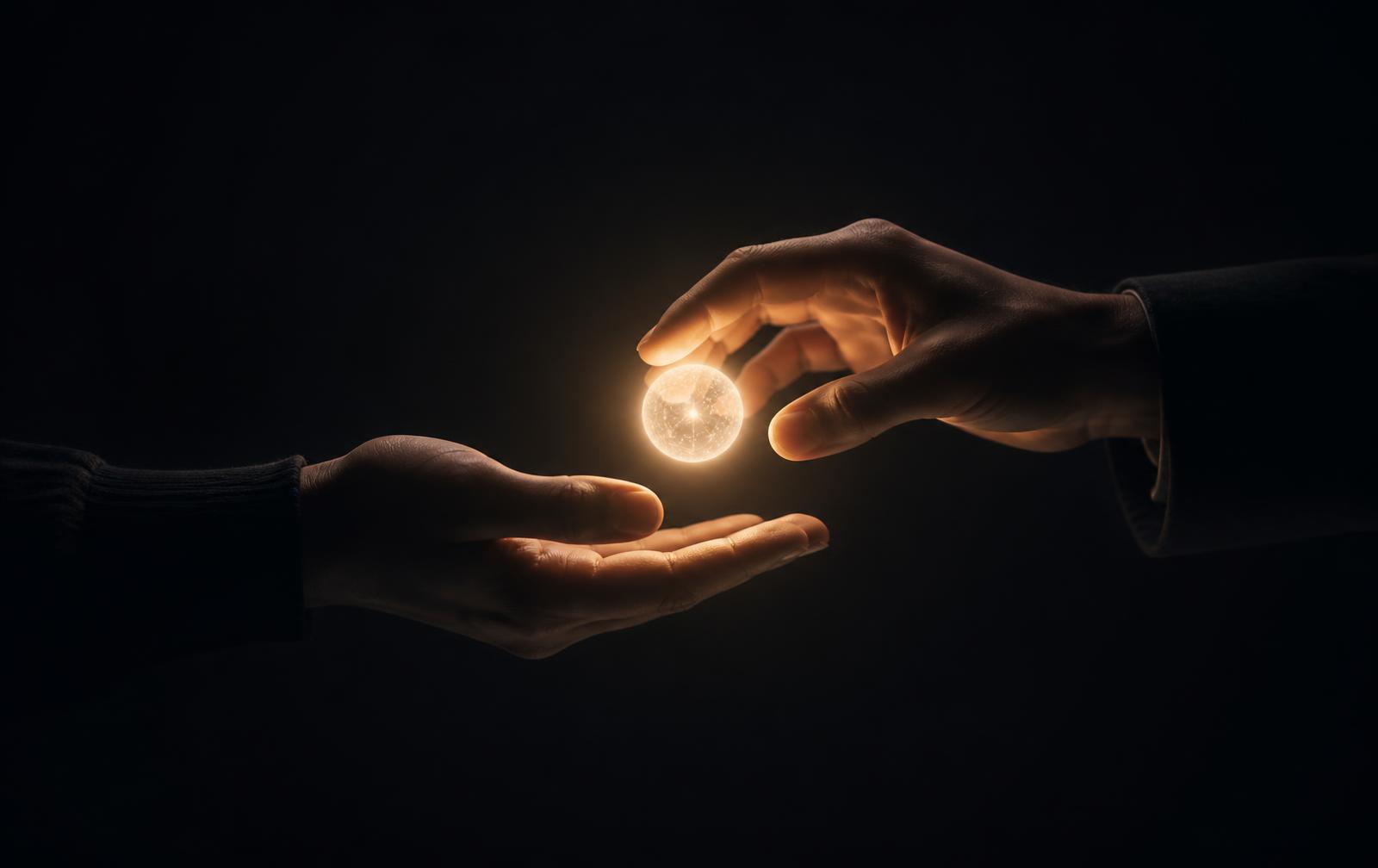 Duas mãos transferindo uma esfera de luz, símbolo do legado digital