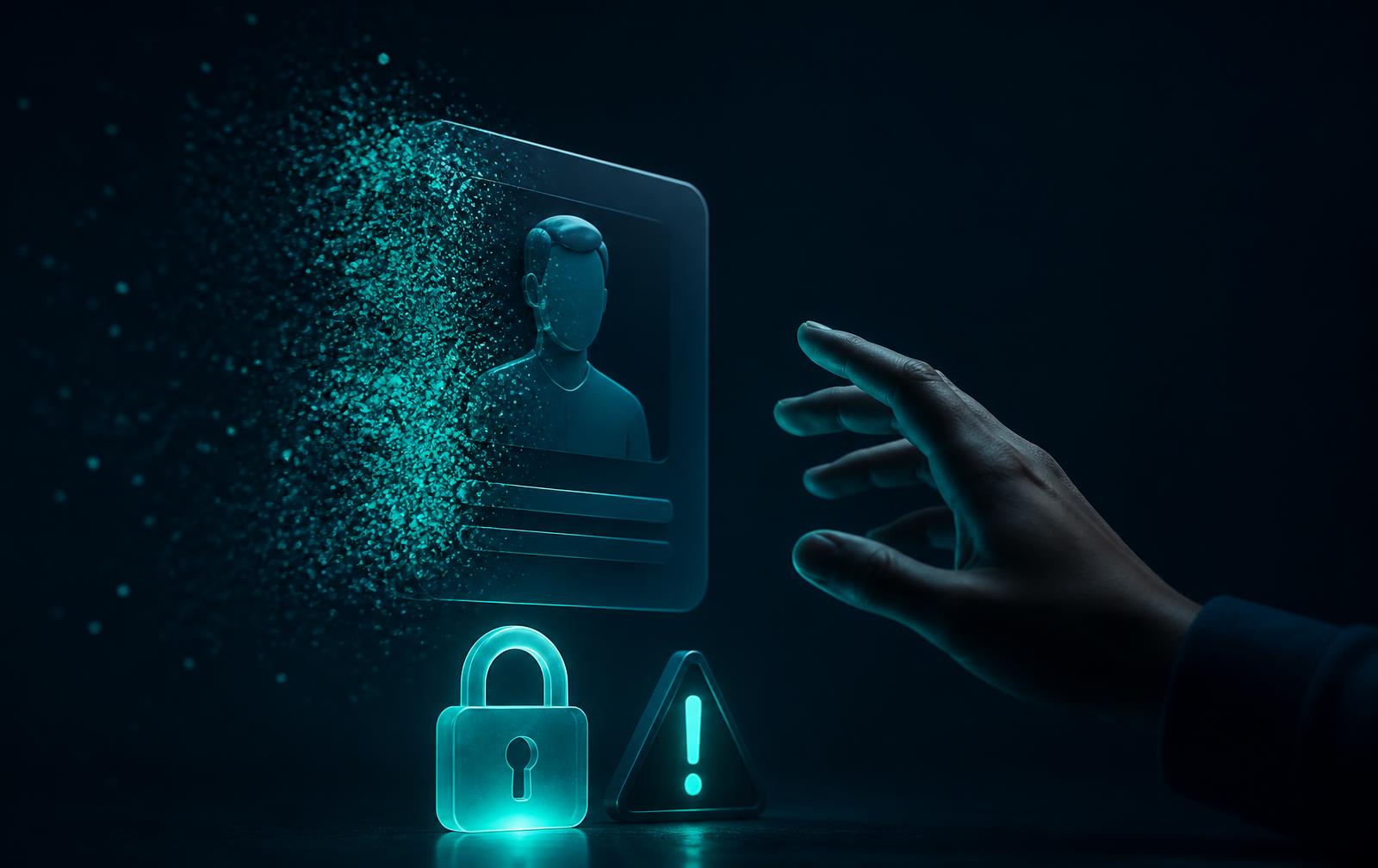 Perfil digital se desfazendo em partículas, com cadeado e alerta