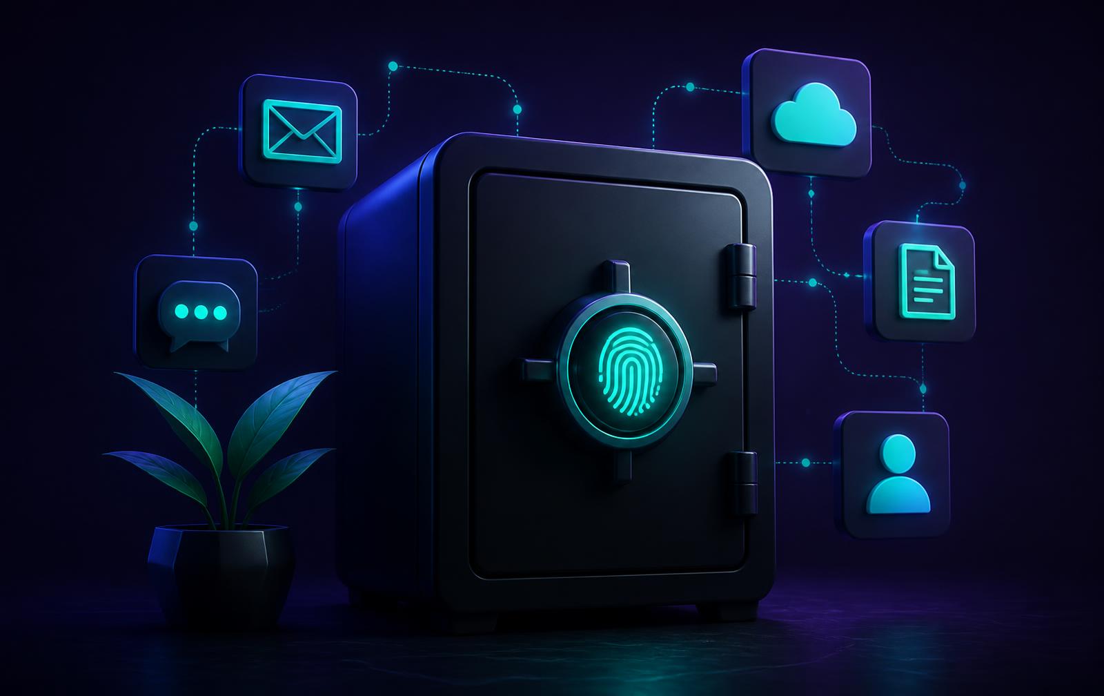Cofre digital com biometria e ícones de contas conectados